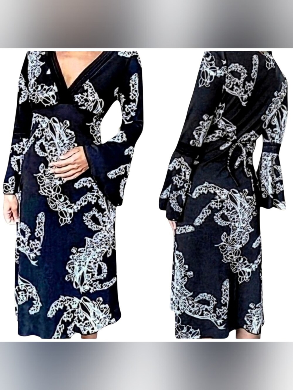 La Belle 90's Embellished Fit & Flare Floral Embellished Midi. Bell Sleeve